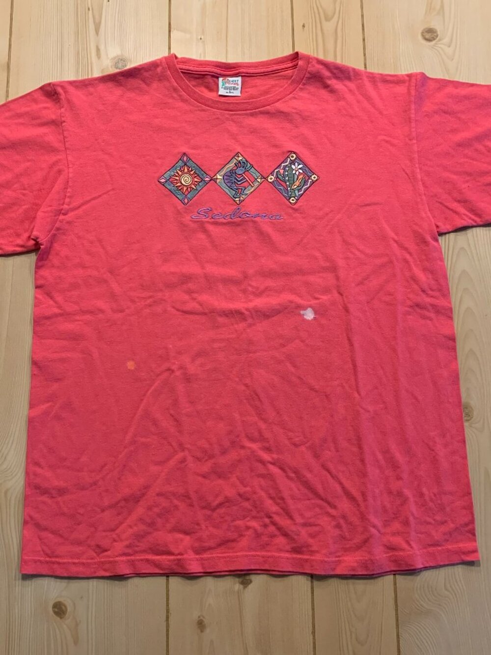 Vintage Y2K Desert Heat Sedona AZ Arizona Embroidered Kokopelli Cactus T-Shirt L